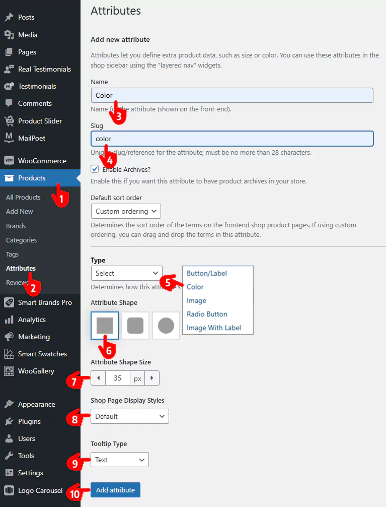 steps to add color attributes in WooCommerce