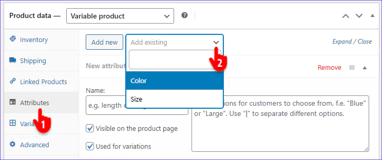 Steps to add attributes used for variations 