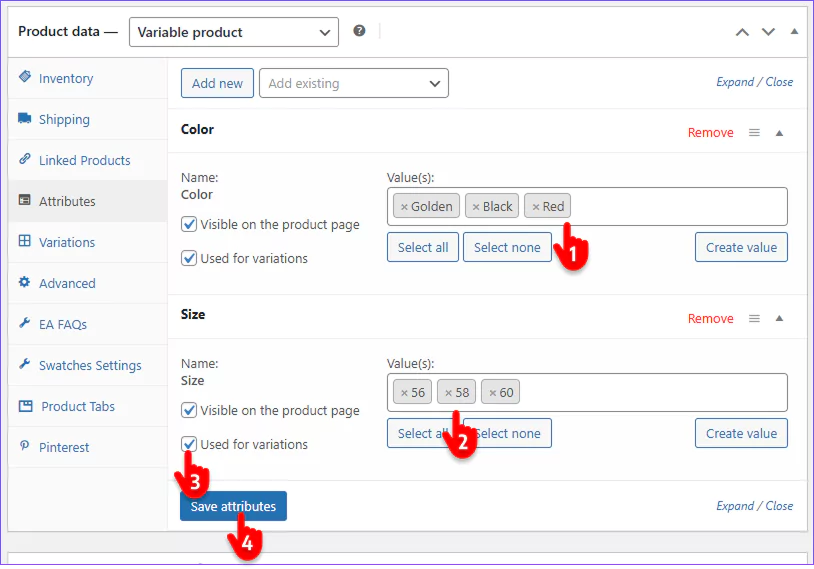 steps to add particular colors and sizes to use for variatons