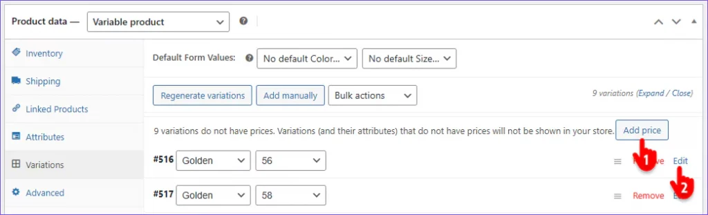 steps to add prices to product variations 