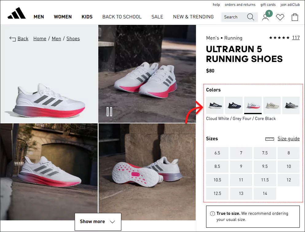 Product variations in Adidas. 