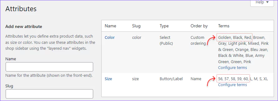 color and size attributes added