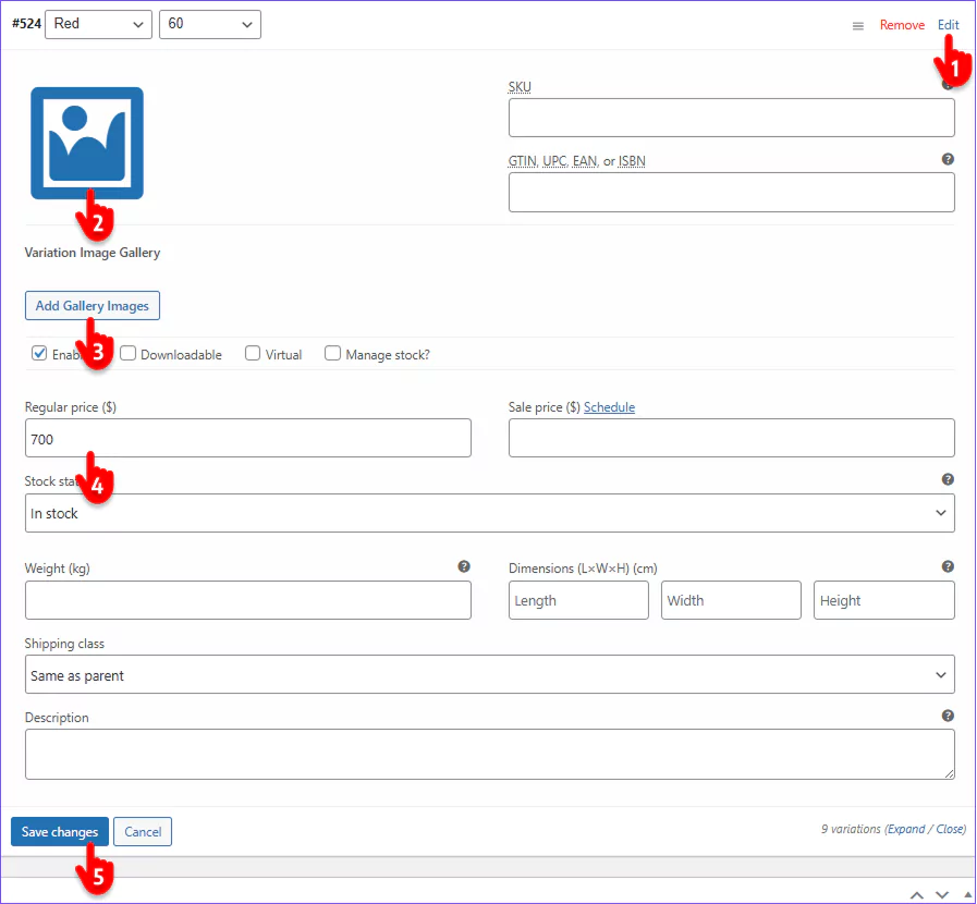 Steps to add images to product variations and edit them individually
