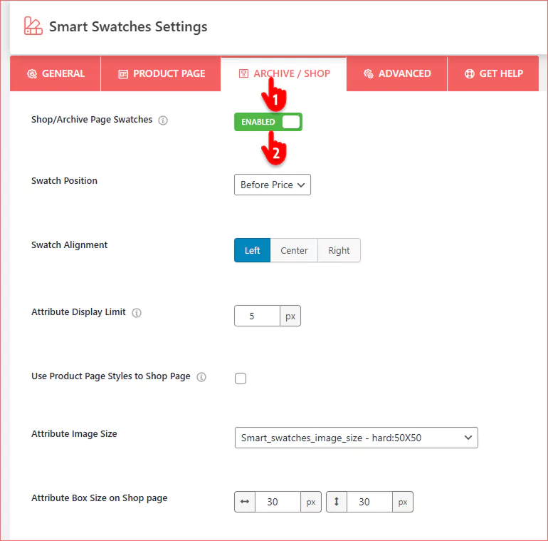 Steps to display image swatches on the shop and archive pages