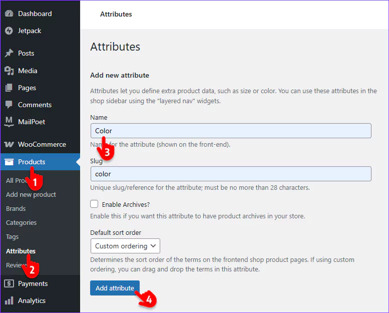 Steps to add woocommerce attributes
