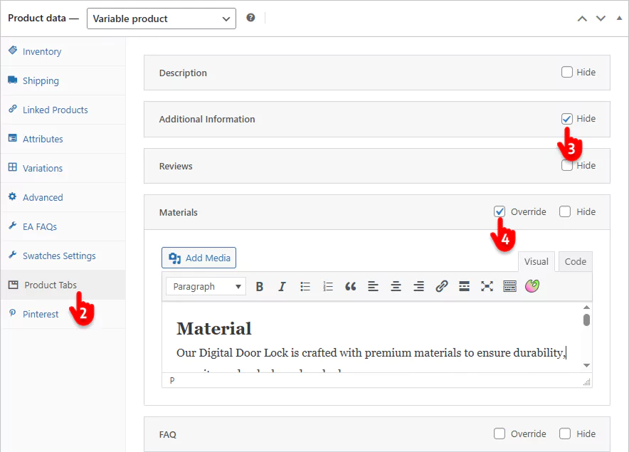 steps to show or edit product tabs per product